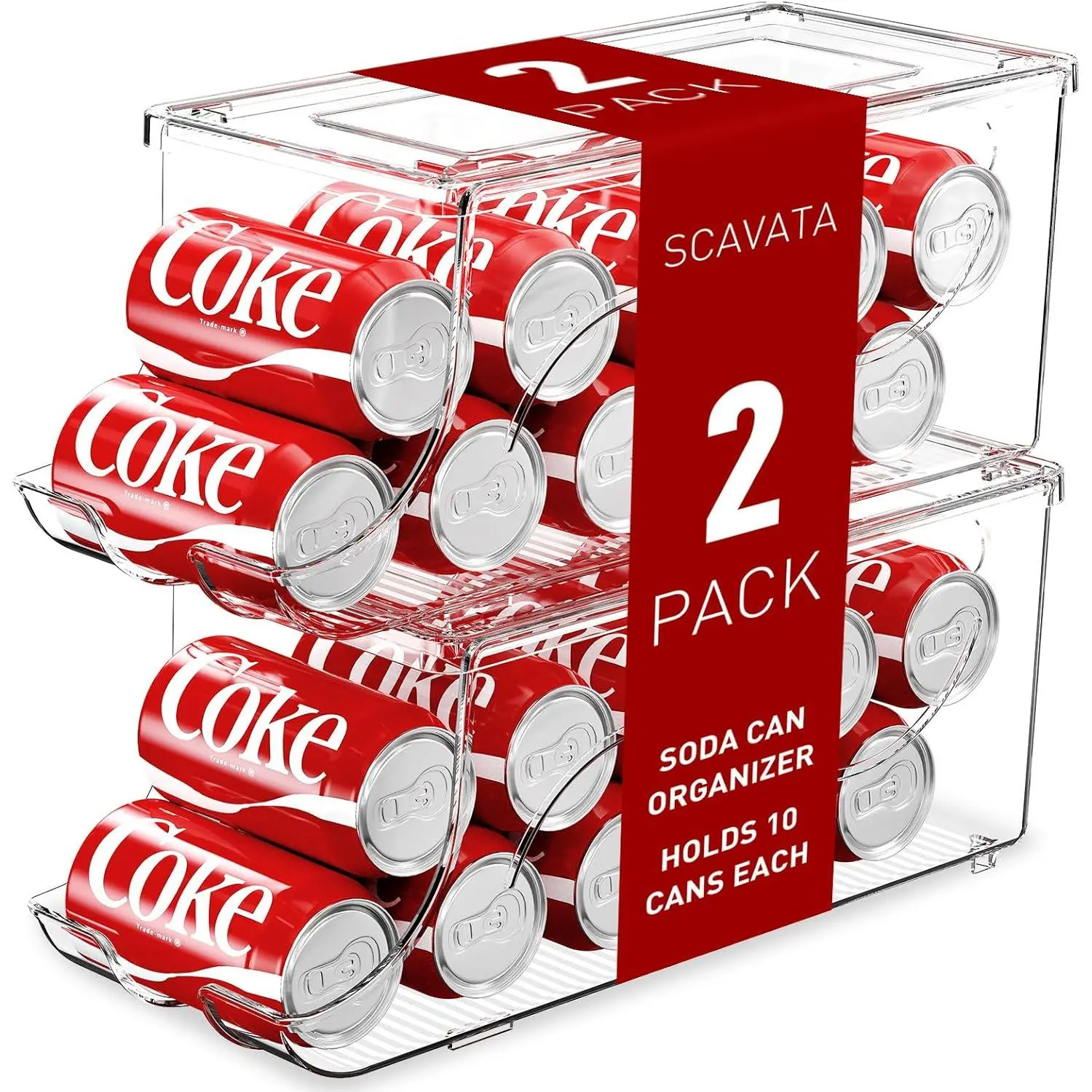 2 Pack Stackable Refrigerator Organizer, Soda Can Dispenser Pop Cans Container Beverage Holder with Lid for Fridge, Freezer, Kitchen, Clear Plastic Storage Bins-Holds 10 Cans Each