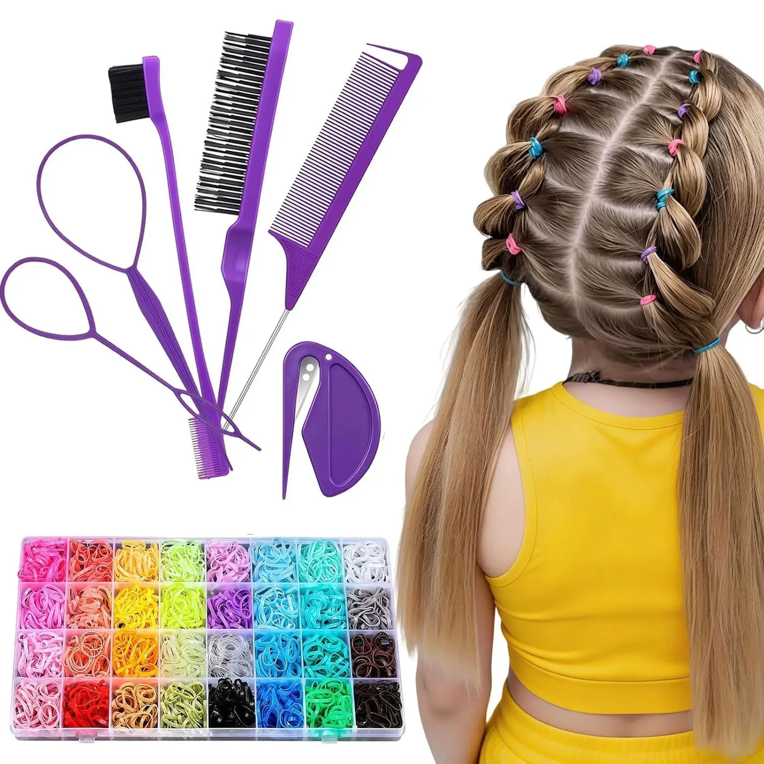 2000pcs 32 Colors Elastic Hair Bands with 6 Styling Tools, Random Color Hair Ties, Comb, Hair Clip, Braiding Tool Set Styling Bundle