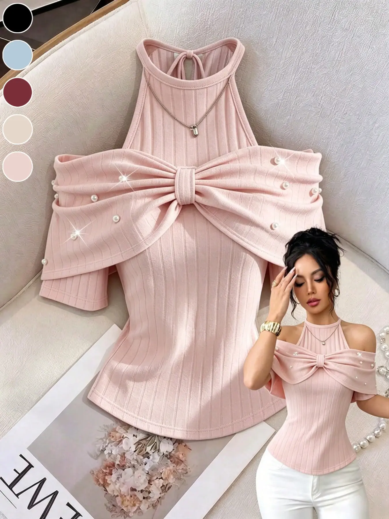 Sexy Halter One-Shoulder Knit Top, 3D Large Bow Pearl Decoration, Vertical Stripe Slim Fit Short Sleeve, Soft Date Atmosphere Shirt