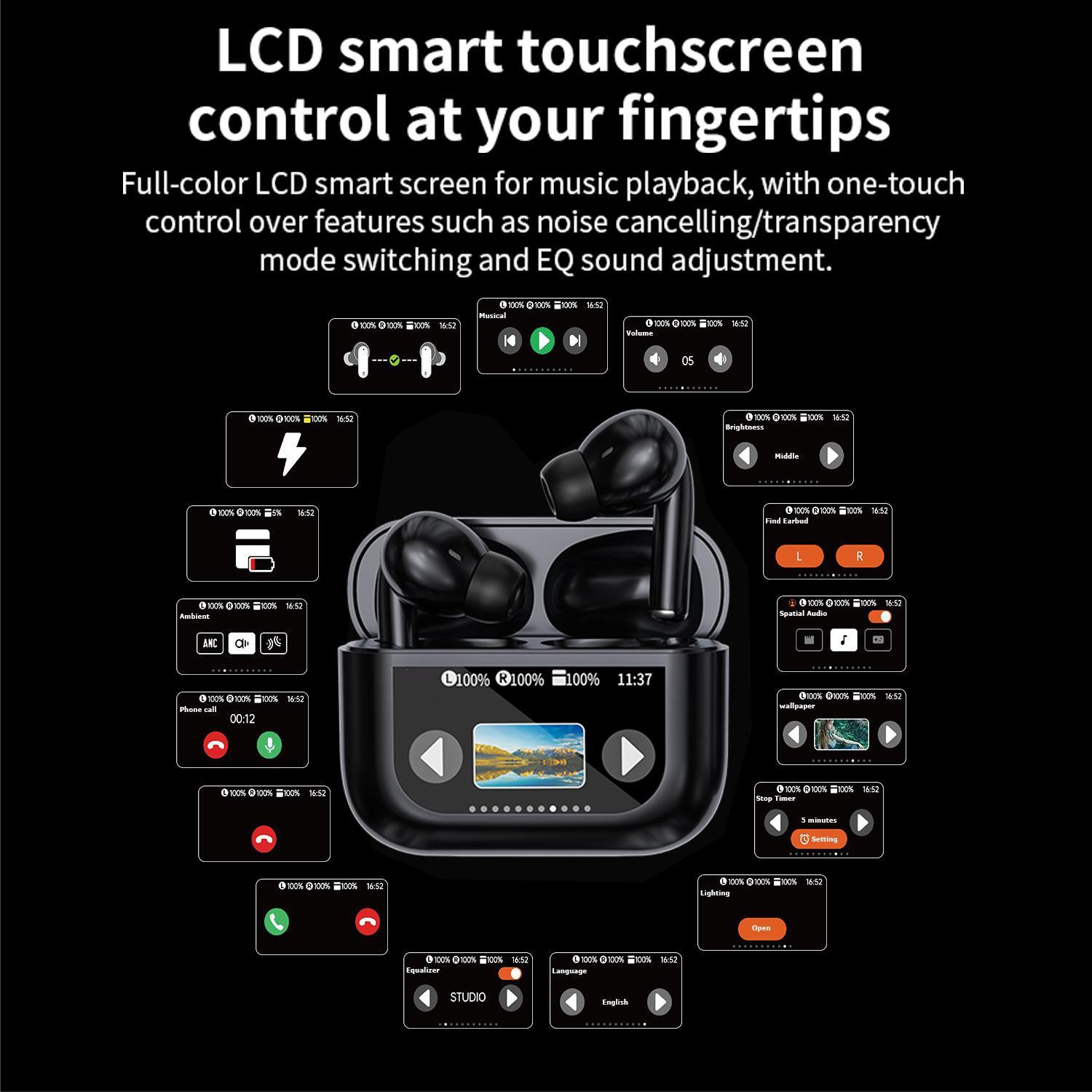 Wireless Earphones, True Wireless In-ear Design Earbuds with Touch Screen Charging Case & Built-in Microphone, ANC Noise Cancellation Earbuds for Smart Devices