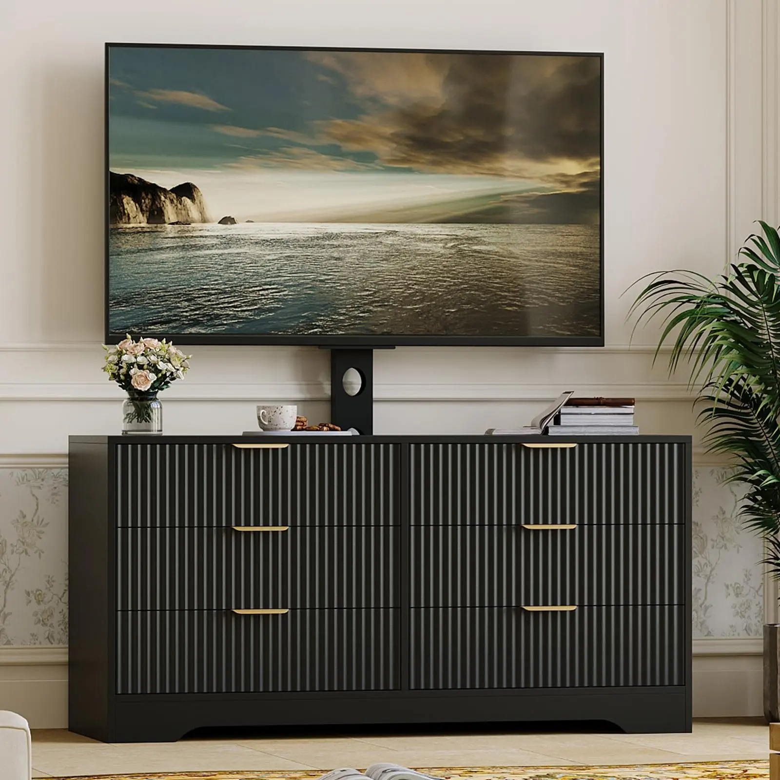 Wood TV Stand with Mount and Entertainment Center Featuring 6 Drawers, Corner Media Console for 32–85 Inch TVs, Modern Storage Cabinet for Living Room and Bedroom