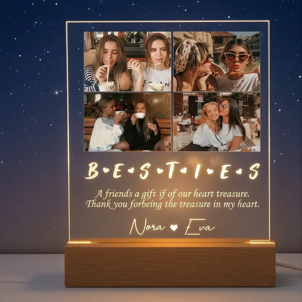Christmas Gifts Best Friends Acrylic Night Light| Custom Photo Collage LED Lamp With Wooden Base| Personalized Gift For BFF, Friendship, Birthday