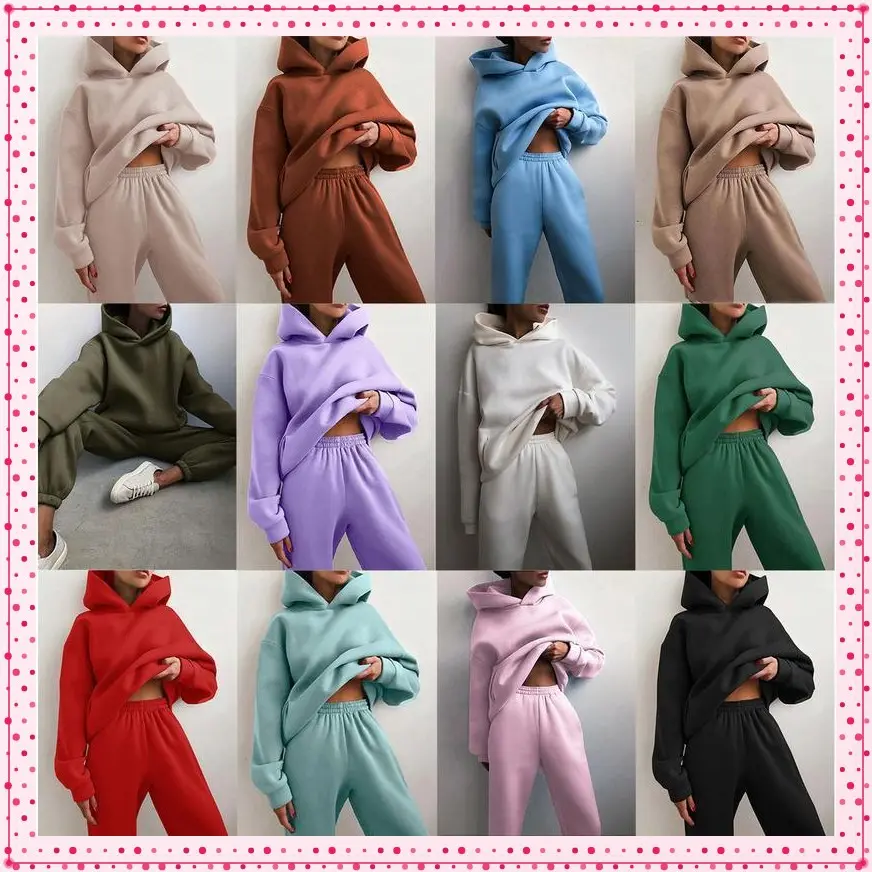 Comfort Heavy Fleece Oversize Couple Hoodie & Loose Sweatpants Set Women's Long Sleeve Pullover Basic Minimalist Black Suits Casual Clothes(Raincoats)