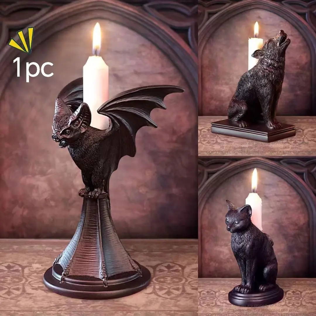 Dark Gothic Bat Wolf Cat Resin Candle Holder, Halloween Decoration, Unique Horror Style, Perfect for Party Decorations, Candlestick Holders