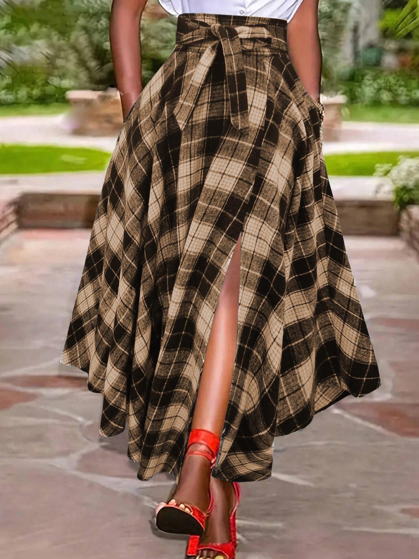 Women's Plaid Print Tie Front Split Thigh Shirt Skirt, Street Fashion Casual High Waist Long Skirt, Split Hem Skirt for Daily Outdoor Wear, Women's Bottoms for Spring & Fall