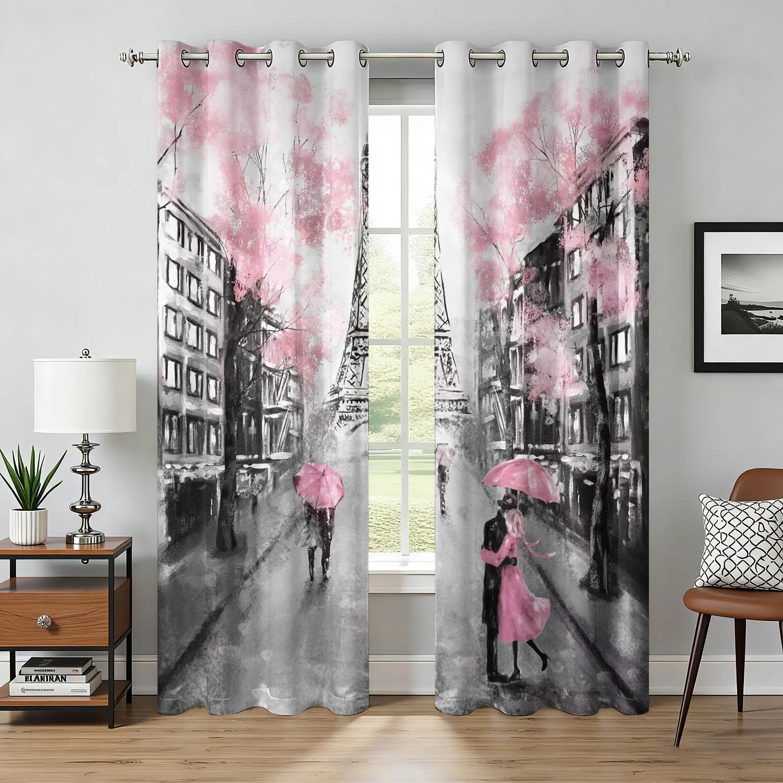 2 Panels Paris Eiffel Tower Curtains, Romantic Pink Cherry Blossom Lovers Printed Curtains, Stylish Blackout Darkening Curtains, Elegant Paris Street Decor for Couples Women Adults Living Room, Bedroom