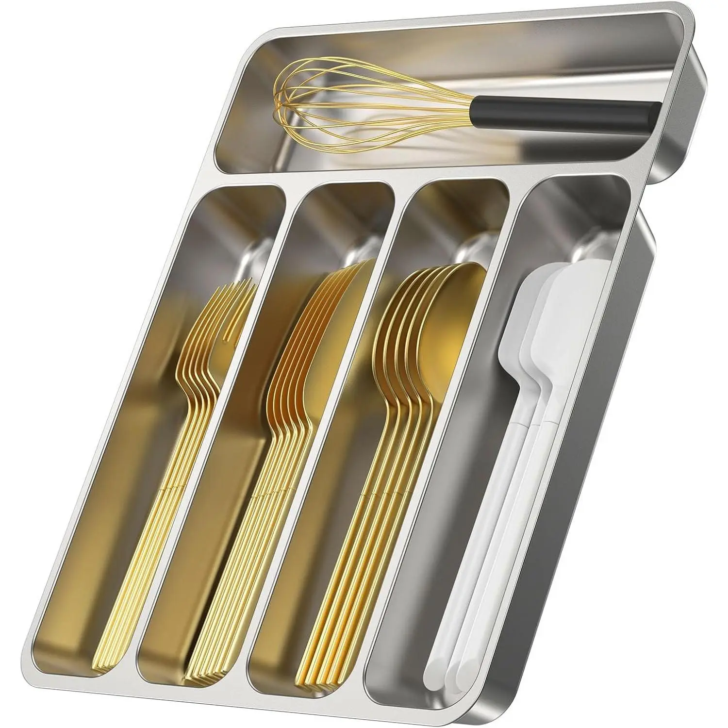 Stainless Steel Silverware Organizer for Drawer, Durable Metal Utensil Tray with 5 Compartments, Dishwasher Safe Flatware Holder for Kitchen, 13.8 x 11.4 x 1.6 Inch, Silver