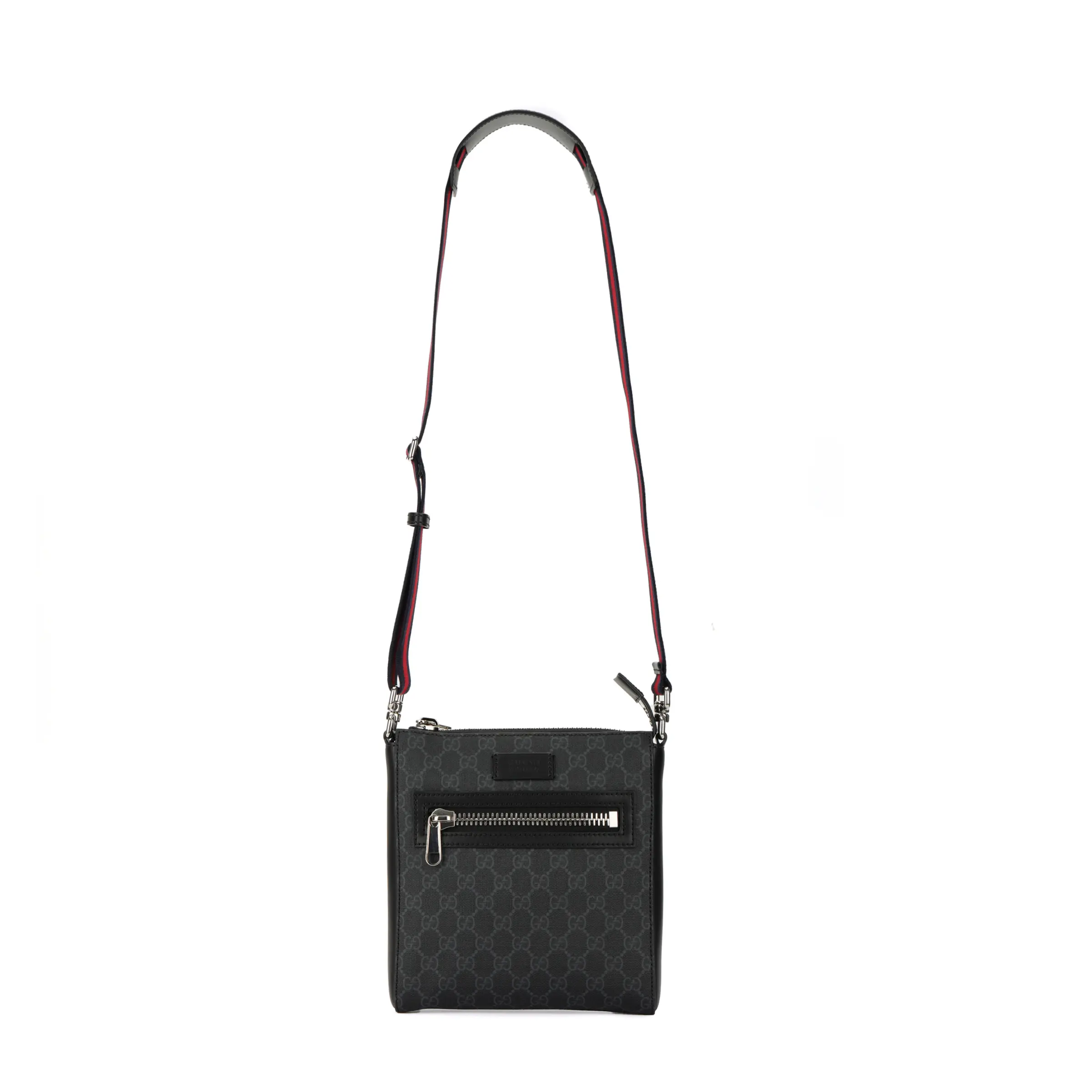 Gucci GG Supreme Distressed Canvas and Leather Messenger Bag for Men, Striped Webbing Strap, Black and Gray