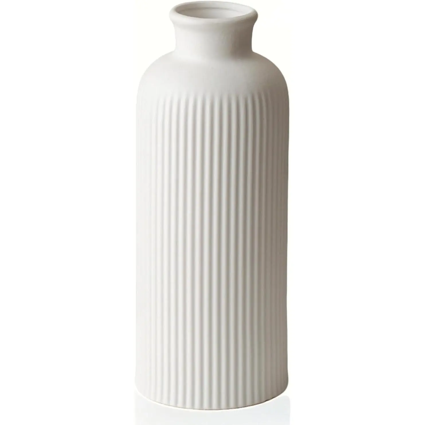 Natural White Ribbed Ceramic Vase for Flowers, Modern Textured Decorative Vase, 10 Inch Tall, 3.94 Inch Width, Farmhouse Style Home Decor (Bisque White)