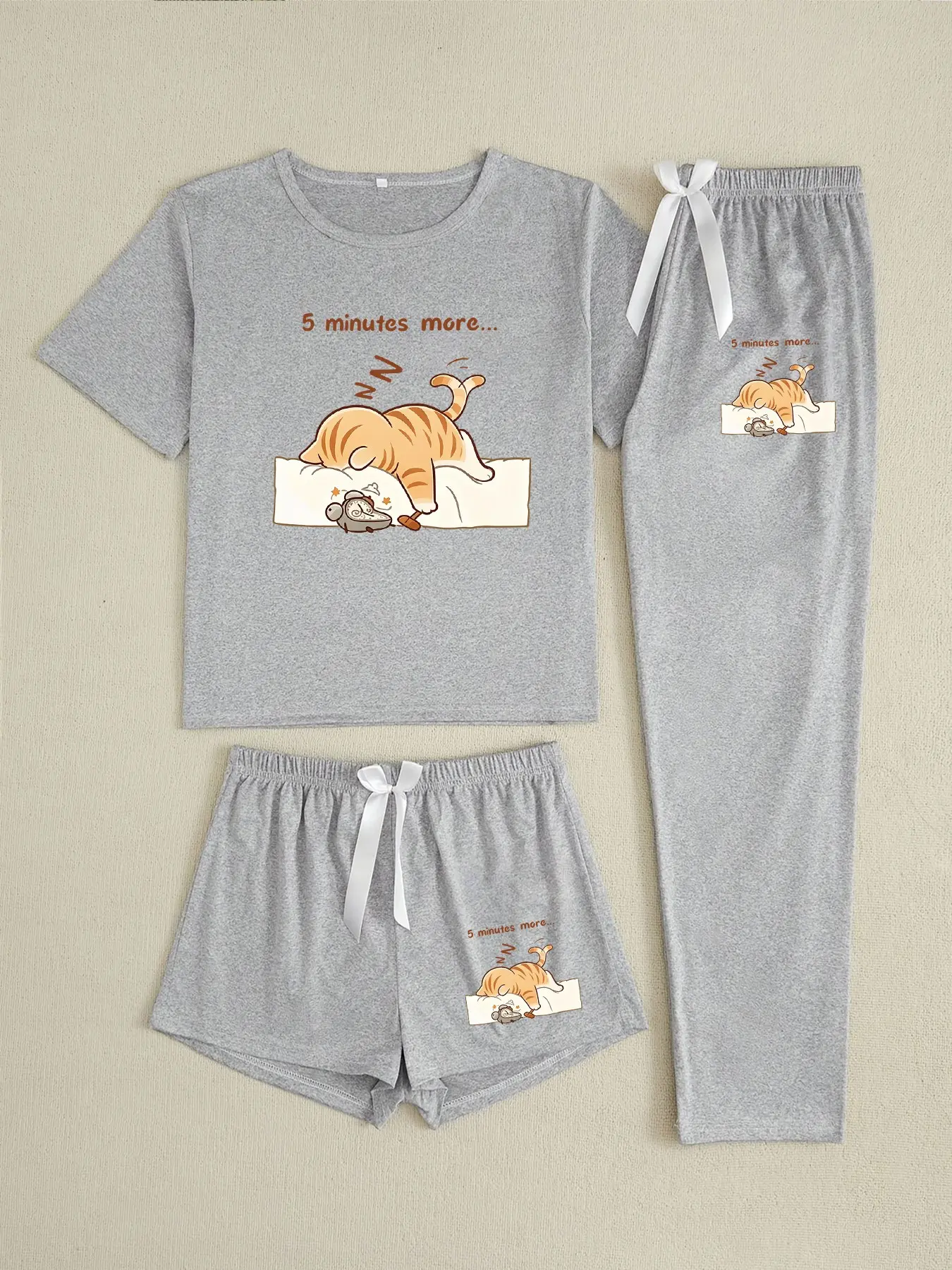 Three-Piece Pajama Set for Women, Cute Cartoon Lazy Cat Print, Casual Loose-Fitting Sleepwear, All Seasons Comfortable Nightwear
