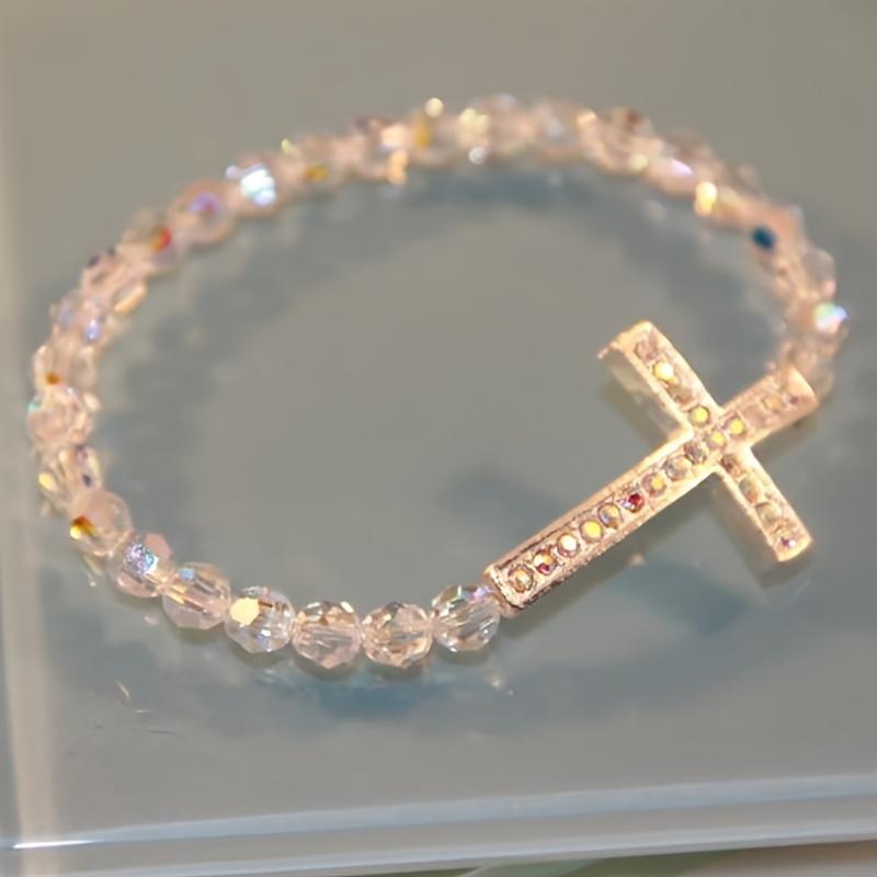 1pc Bohemian & Classic Style, Artificial Crystal Match Rhinestone With Cross Pendant Bracelet, Women's Delicate Jewelry Accessory For Daily Wear, Handmade Idea Gift Friends