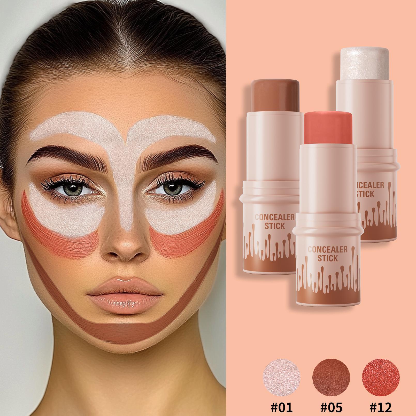 Long-Lasting Concealer Stick, 3 Counts/set Highlighter Balm, Blush & Contouring Stick, Facial Makeup Tools for Women & Girls, Bronzer Makeup