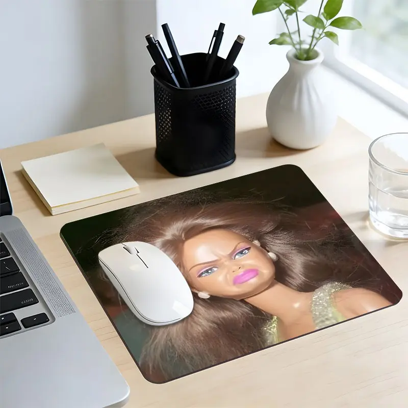 Grumpy Sassy Fashion Doll Square Mouse Pad,Humorous Expression Design Desktop Decorative Protective Pad, Rubber Anti-Slip Lock-Edge Work Pad, Small Size Suitable for Laptop, Gaming, Work, Home Office and Daily Use, Desk Accessories