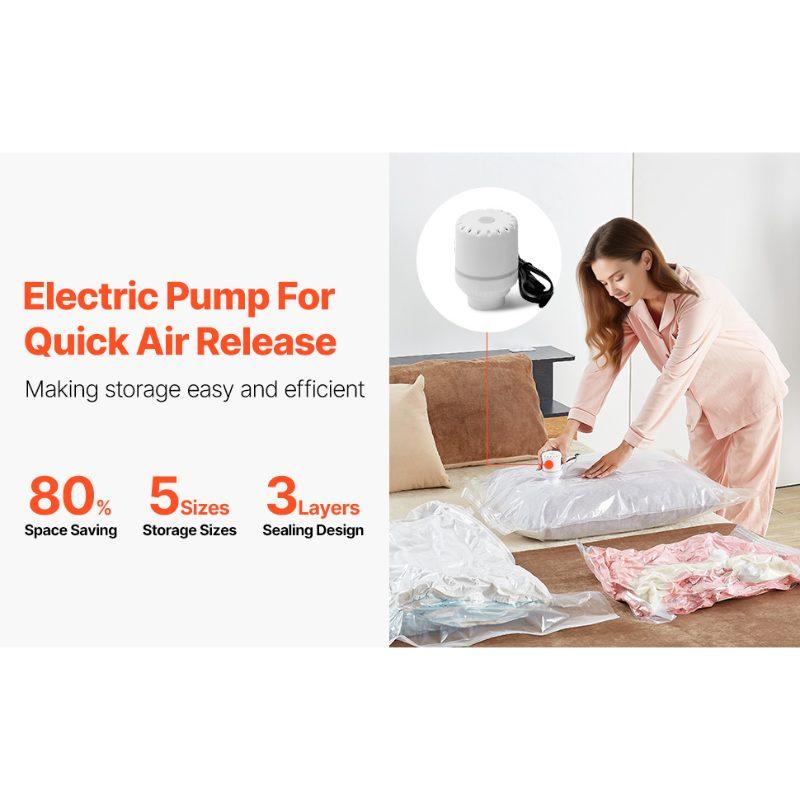 VEVOR Vacuum Storage Bags, 15 Pack Space Saver Seal Bag(3 Jumbo/3 Large/3 Medium/3 Small/3 Roll), Compression Airtight Zipper Space Bags with Electric Pump, for Cloth, Bedding, Blanket, Pillow, Travel