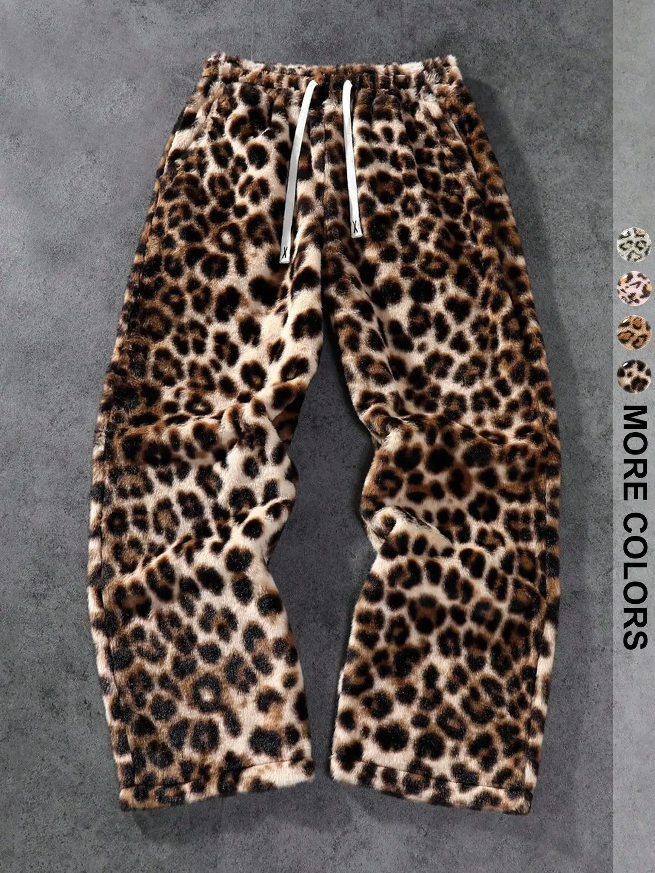 Men's Leopard Print Loose Pants, Street Style Winter Fleece Sports Pants, Multiple Options, Elastic Waist Wide Leg Knit Jumpsuit, Casual
