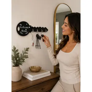 Wall-Mounted Welcome Home Key Rack, Black Wooden Decorative Key Hook Organizer for Keys, Keychains, Lanyards, Small Accessories and Daily Essentials, Cute Entryway Wall Decor for Home, Apartment, Dorm, Kitchen or Office, Practical Housewarming Present