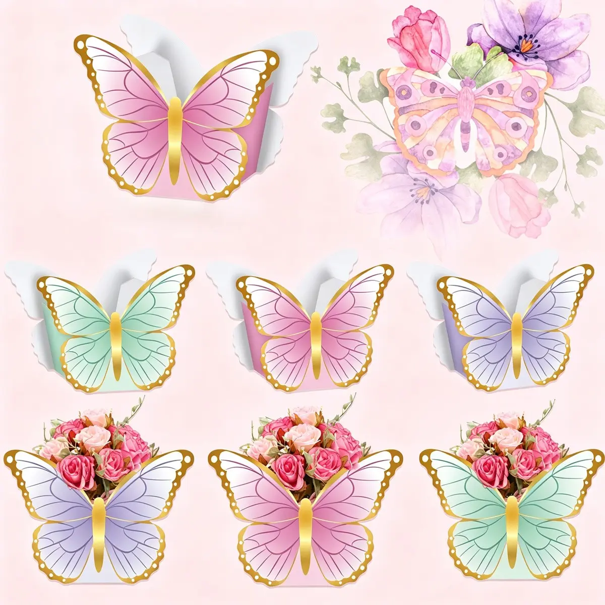 12pcs Butterfly Themed Paper Flower Boxes, Light Cardboard Box, Wedding Party Decor, Gift for Her/him, Flower Wrapping Box