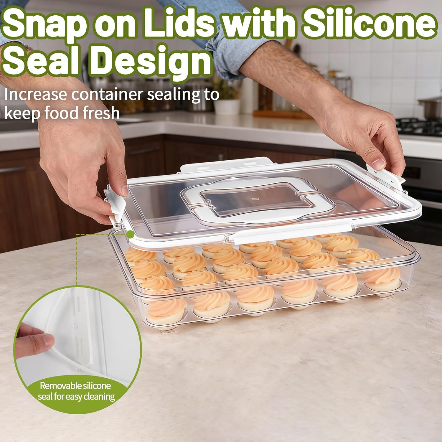 Deviled Egg Containers with Lid, 2 Pack Thick Clear Plastic Deviled Carrier with Handle Storage 48 Eggs, Stackable Egg Holder Portable Tray Platter for Fridge, Travel, Party-White