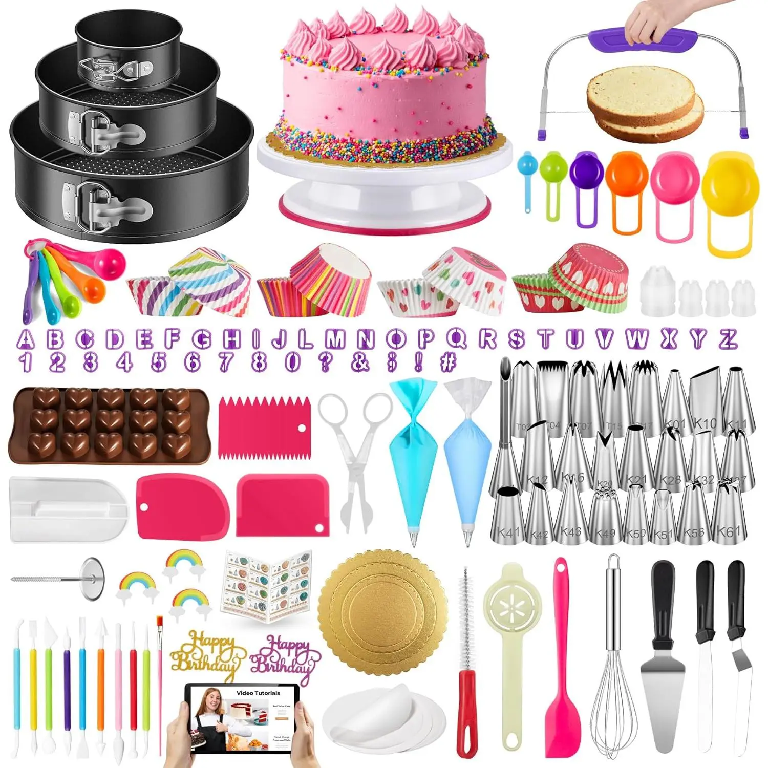 700 Cake Decorating Kit Baking Supplies Tools for Beginners & Pros | Complete Kit, Fondant Tools, Cake Stand Turntable for Decorating, Piping Bags and Tips Set, Cake Leveler,  Chart