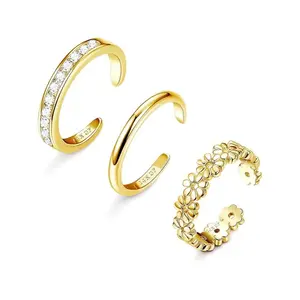3PCS 14K Gold Filled Toe Rings for Women, Adjustable Non Tarnish Open Ring Set with CZ Flower & Sunflower Design, Dainty Summer Beach Jewelry for Vacation, Sandals, Festivals & Daily Wear
