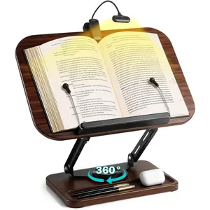 Adjustable Wooden Book Stand with Light & Storage, Hands Free Reading Book Holder, 360° Adjustable Height & Angle Cookbook Stand for Recipe Magazine Laptop Tablet Bible