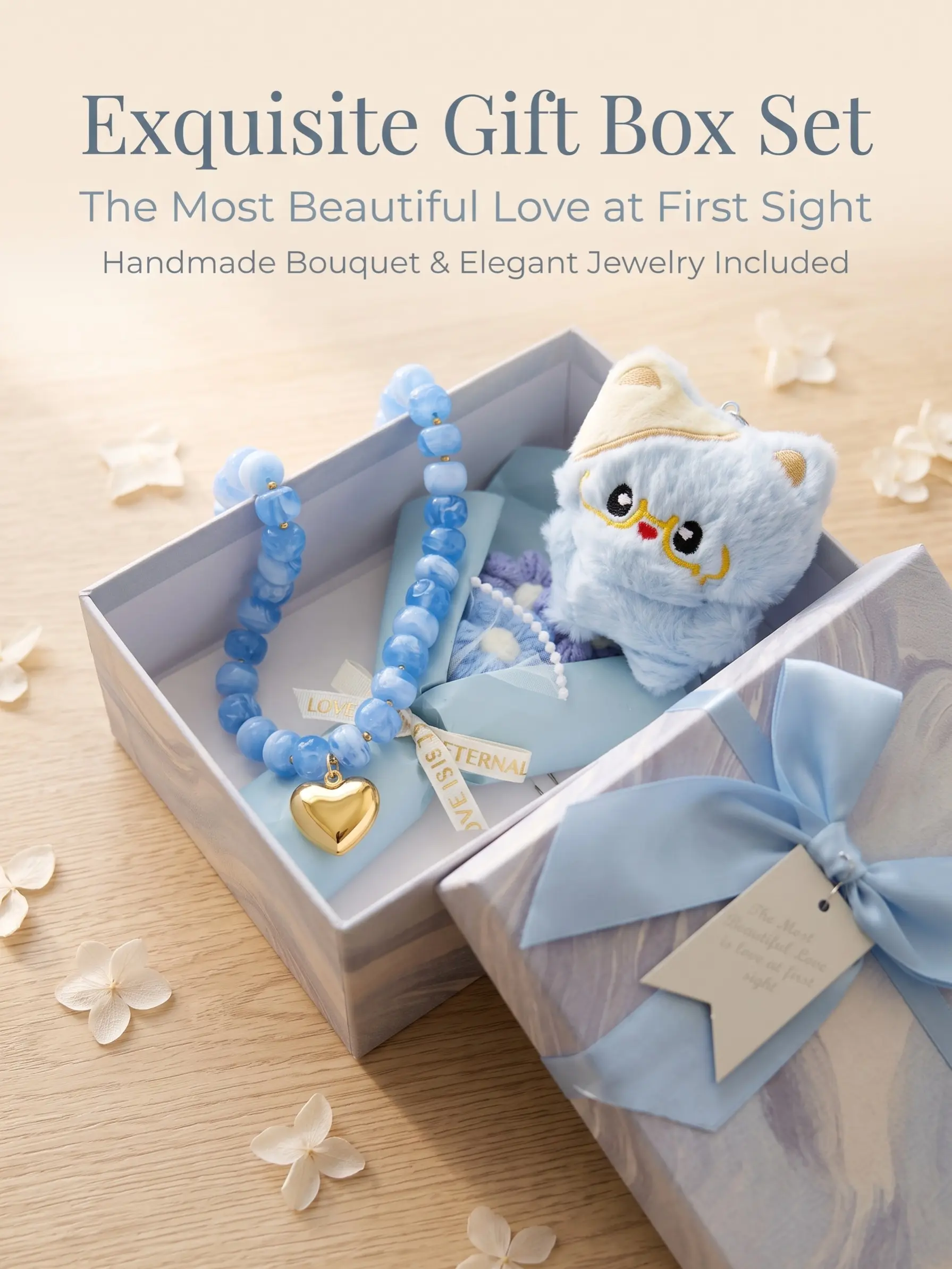 Pastel Blue Resin Heart Necklace Gift Box Set, Cute Plush Cat Bag Charm & Mini Dried Flower Bouquet, Coquette Soft Girl Friendship Jewelry Gift For Teen Girls Birthday Valentines