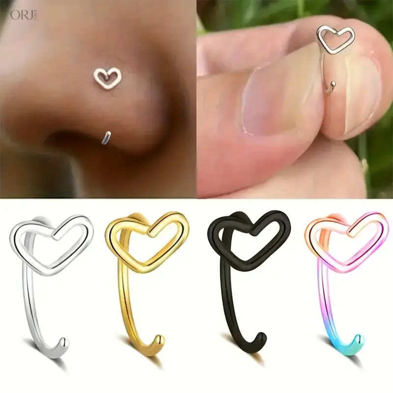 4Pcs Boho Heart Stainless Steel Piercing Jewelry Set, Colorful Nose, Eyebrow, Lip & Navel Rings, Elegant Women Body Piercing Gift