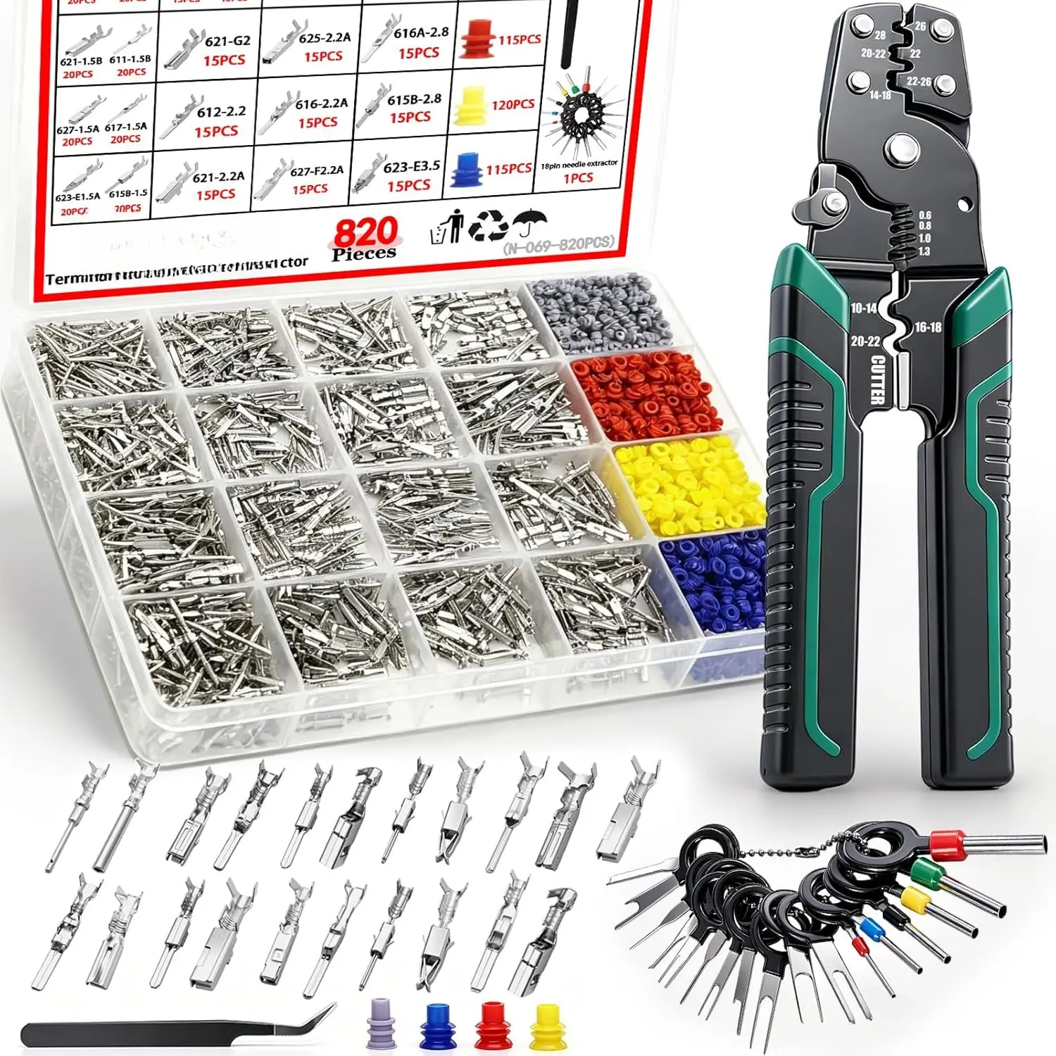 /820PCS Pin Connector Kit with Crimping Pliers, Electrical Wire Terminal 21Type 1/1.5/1.8/2.2/2.3/2.8/3.5mm Auto Electric Connector Terminal Non-Insulated Plug Removal Male Female Crimp Pins