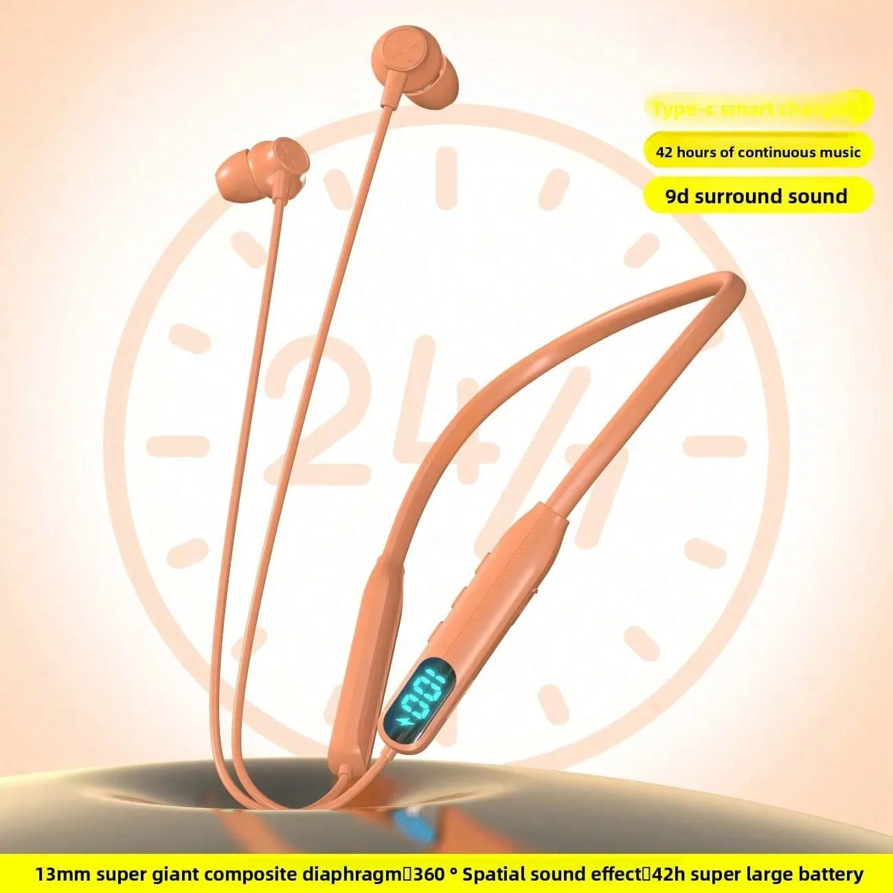 Orange Neckband Headphones Wireless Bluetooth Headphones Women Men LED Battery Display Long Battery Life Sports Earbuds Ergonomic Soft Silicone Neckband Lightweight Fast Type-C Charging High-Quality Audio Noise Reduction Compatible IOS Android ,Cancelling