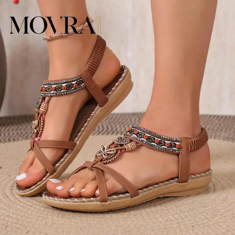 MOVRA1 Ubetif Women's Cute Faux Leather Butterfly Print Flat Sandals, Boho Open Toe Elastic Strap Slip-On Shoes, Casual Wear Beach Holiday Accent Sandals