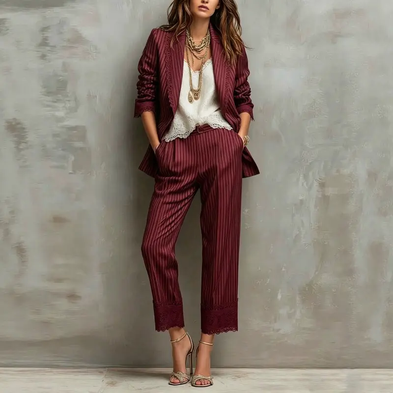 Fashion Striped Blazer Pants Set, Cute Lace Trim 2 Piece Outfit, Comfort Elegant Graphic Suit, Valentine's Day Gift for Her, Best Holiday Present for Lover and Family