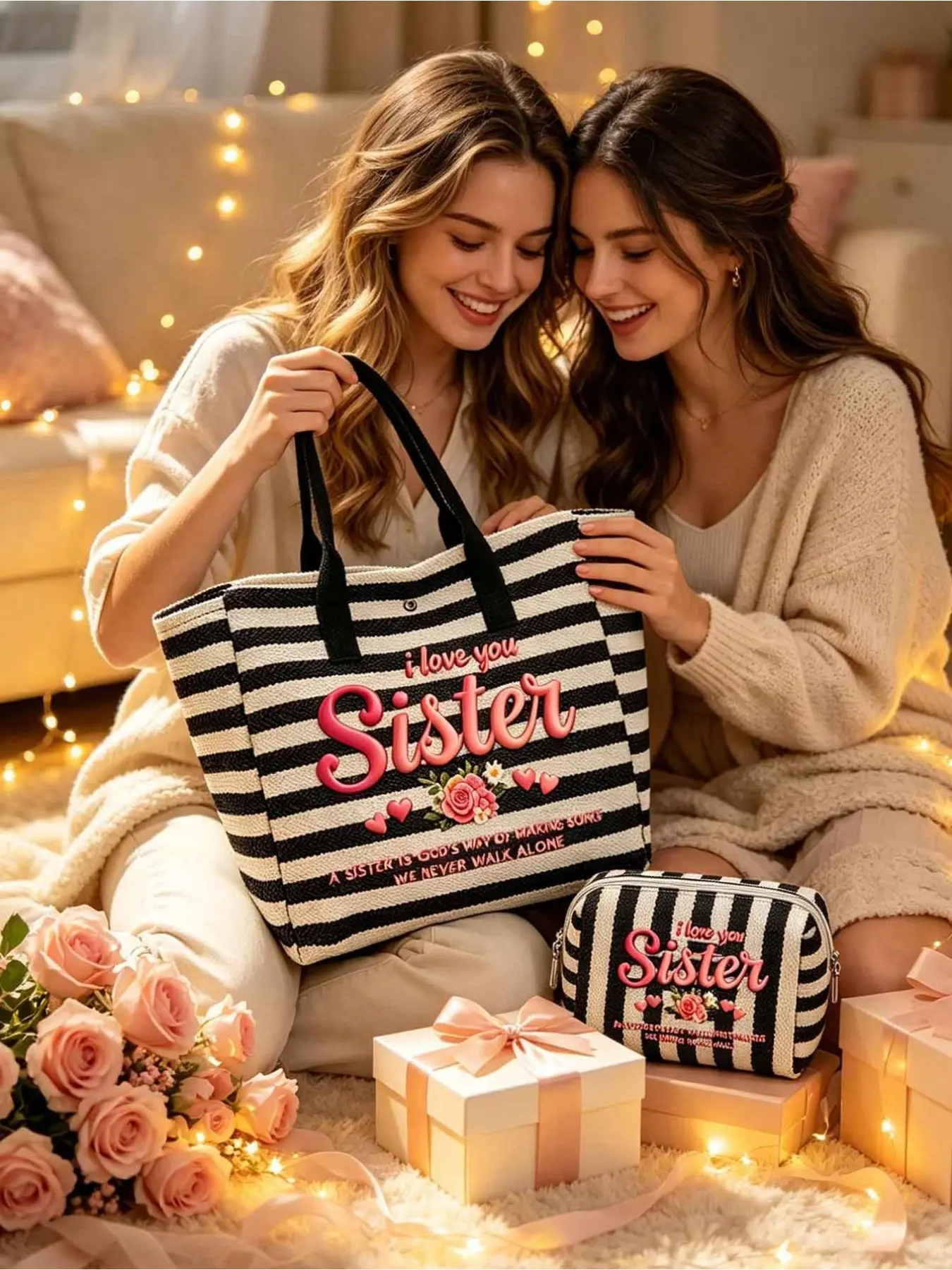 Black White Striped Large Canvas Tote Bag, 3D Bubble "Sister" Print Foldable Shoulder Bag, Durable Woven Handbag for Travel Beach Shopping Daily Use, Ideal Gift for Sisters Spring Break Easter Mother’s Day