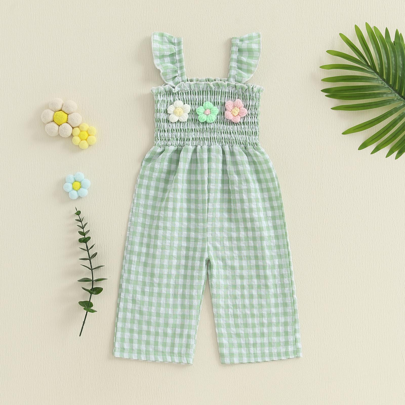 Toddler Baby Girl Summer Outfits Ruffle Sleeveless Plaid Gingham Floral Embroidery Jumpsuit Suspender Wide Leg Pants