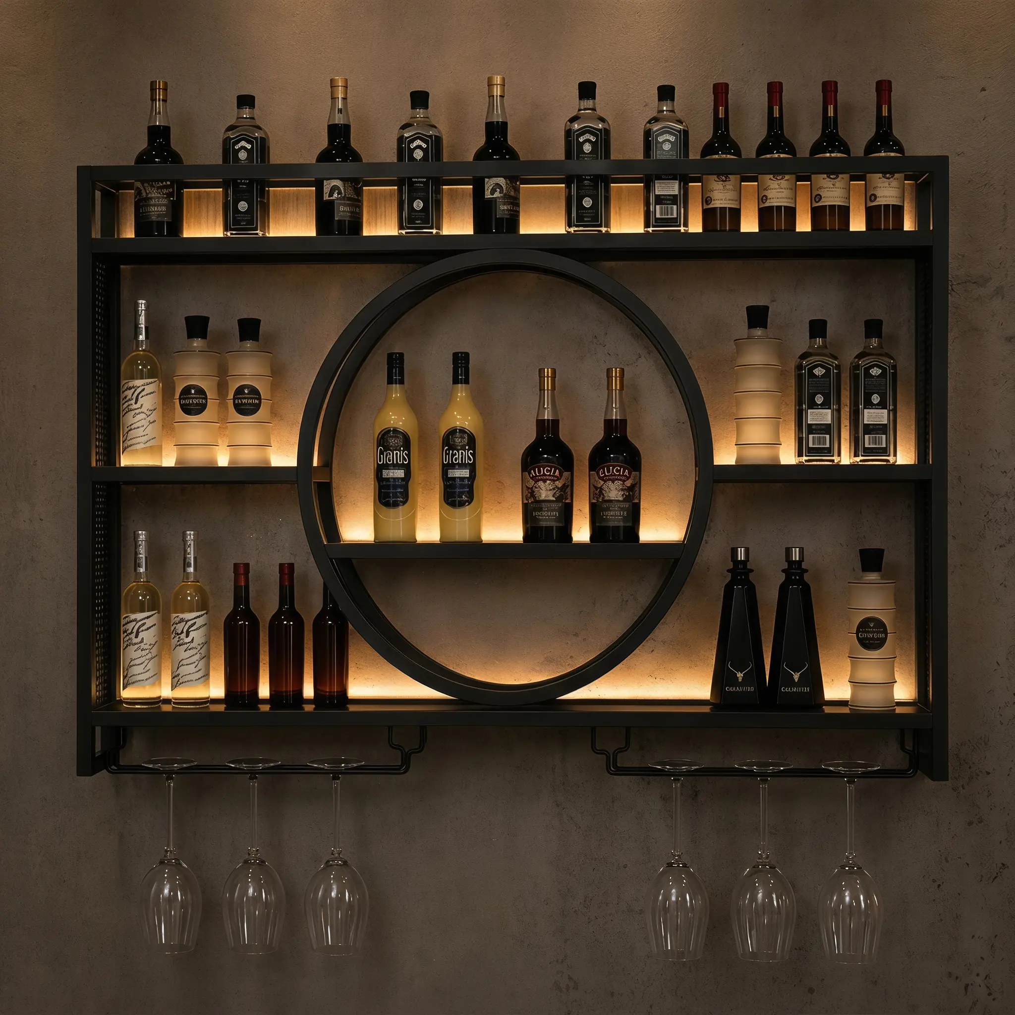Multi-Size 3-Tier Metal Wall Mounted Wine Rack - 39/47/55 In Wall Rack with Glass Holder, Home Organization Storage Shelf, Large Capacity Liquor Shelf (Black & Gold, Requires Setup) for Home Bar, Kitchen