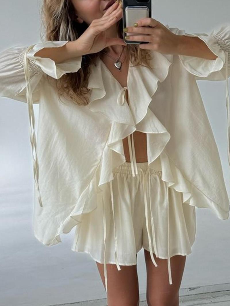 Women's Solid Ruffle Trim Blouse & Shorts Two-Piece Set, Casual Bishop Sleeve Long Sleeve Top & Shorts for Daily Wear, Ladies Two-piece Outfits for Summer