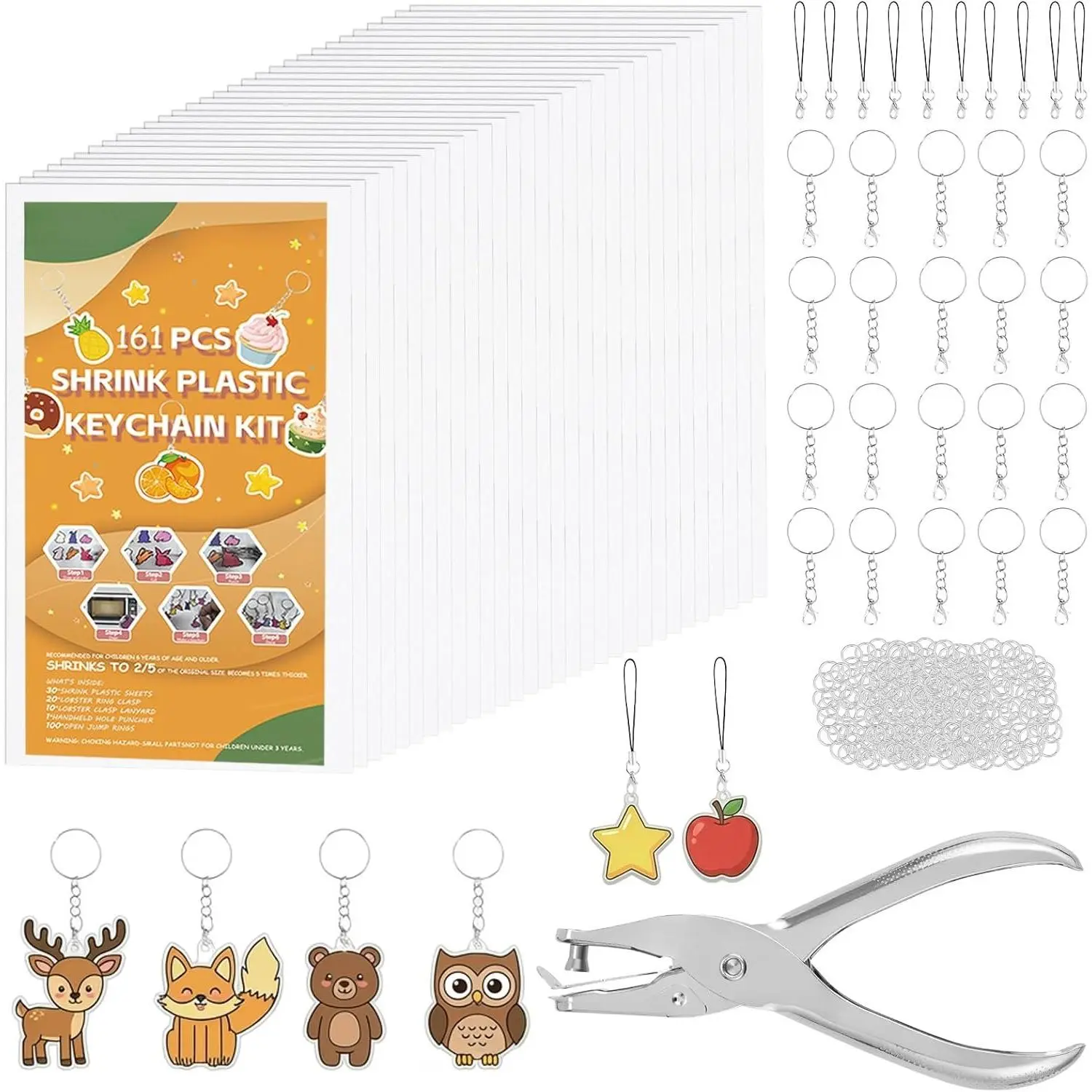 161 count Shrink Plastic  Making Kit, 30 Shrinky Plastic Sheets 7.9 x 5.7 in, Hole Punch, Lobster Clasps, Jump Rings & Lanyards, DIY Shrink Art Craft Kit for Adults & Teens