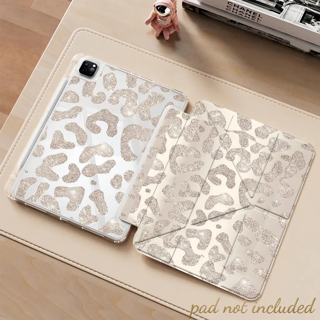 Gold Glitter Leopard Print iPad protective case, Tablet Casing, Ipad tablet accessories, Ipad tablet cover, transparent acrylic Y folding stand suitable for all models of iPad, featuring protection against scratches and impacts, gift (Case Only)
