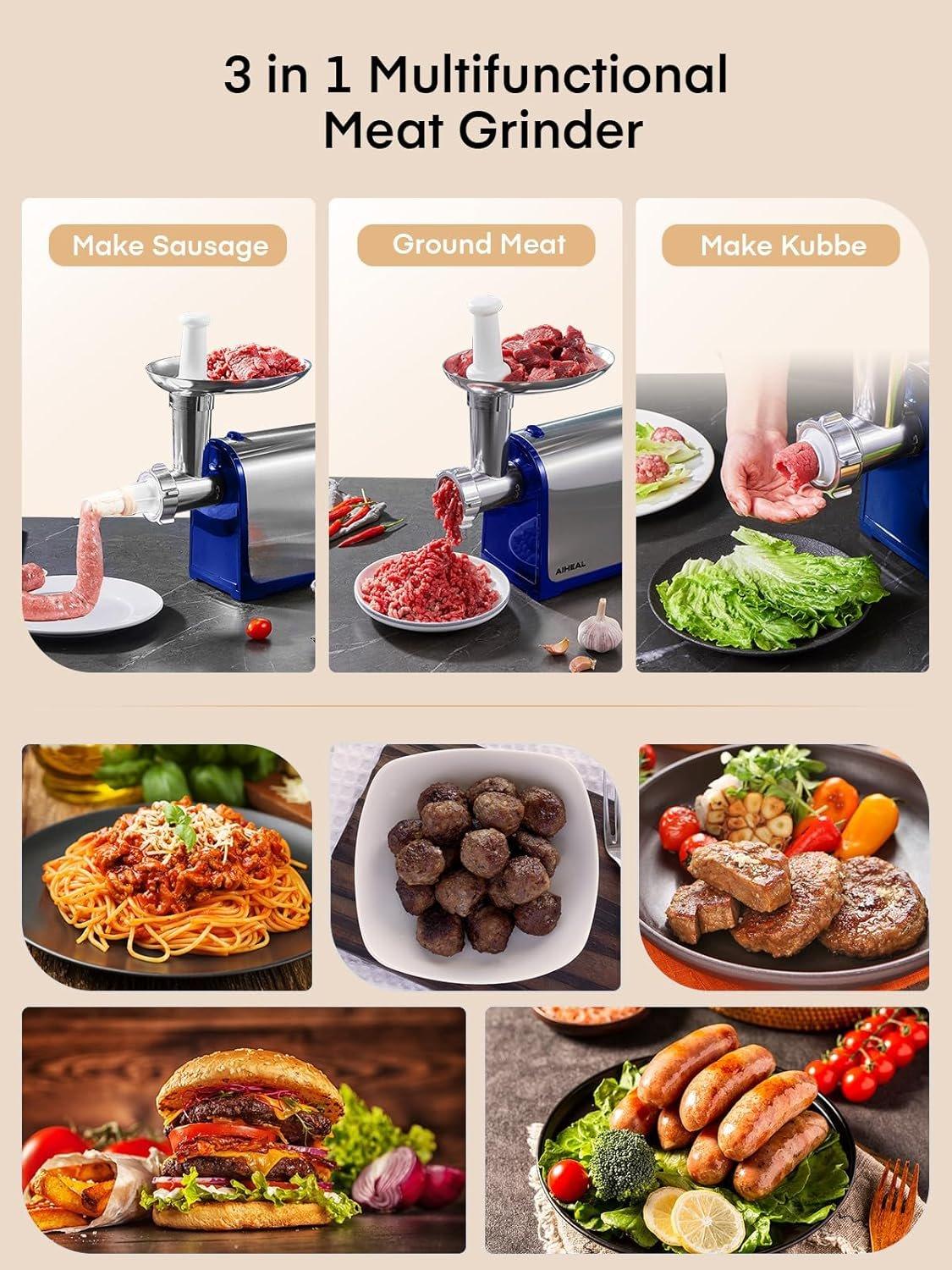 Electric Meat , Sausage Stuffer with 3 Sausage Tubes, 2 , 3 Plates, 3200W Max, Meat  Heavy Duty for Home Kitchen Use, Stainless Steel (Blue)