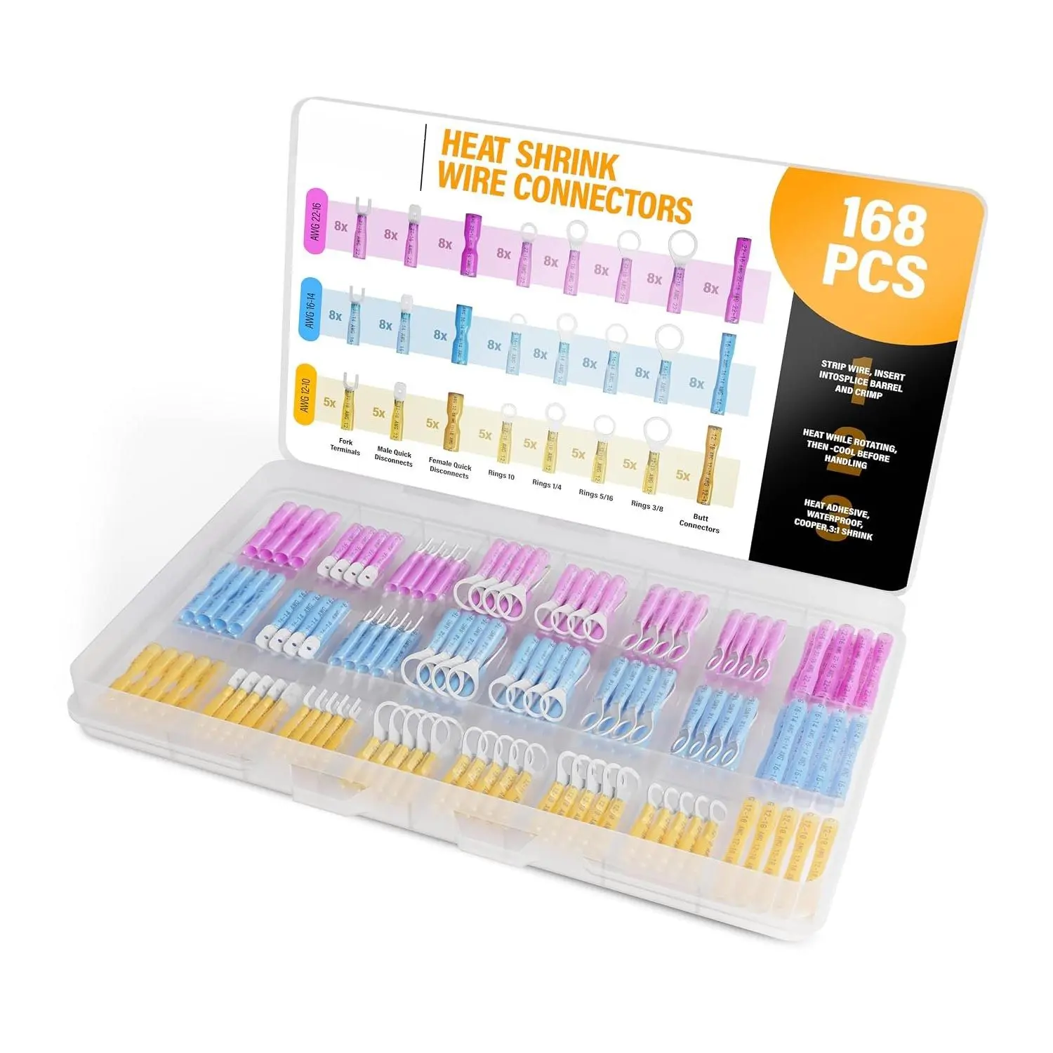 168-Count Synthetic Heat Shrink Wire Connectors Kit - Insulated Electrical Crimp Terminals with Ring/Spade, Fork Terminals, Splices - Translucent for Automotive, Light-Duty Projects, General-Purpose Wiring Tasks (Adequate Wire Strip Length)