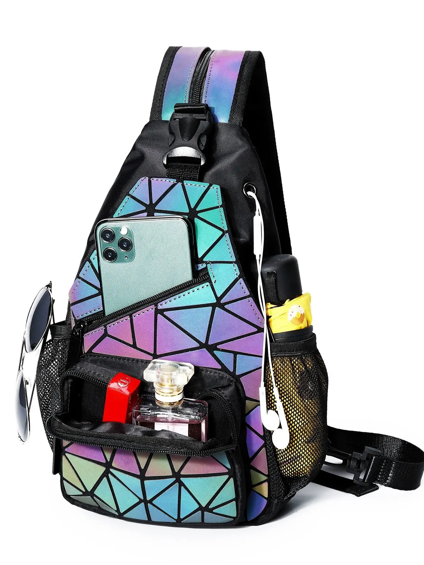 Women's Fashionable Fanny Pack Geometric Pattern Flash Display waist bag Casual Versatile Zipper Backpack for Women & Men, Trendy All-match Sling Bag for Daily Use