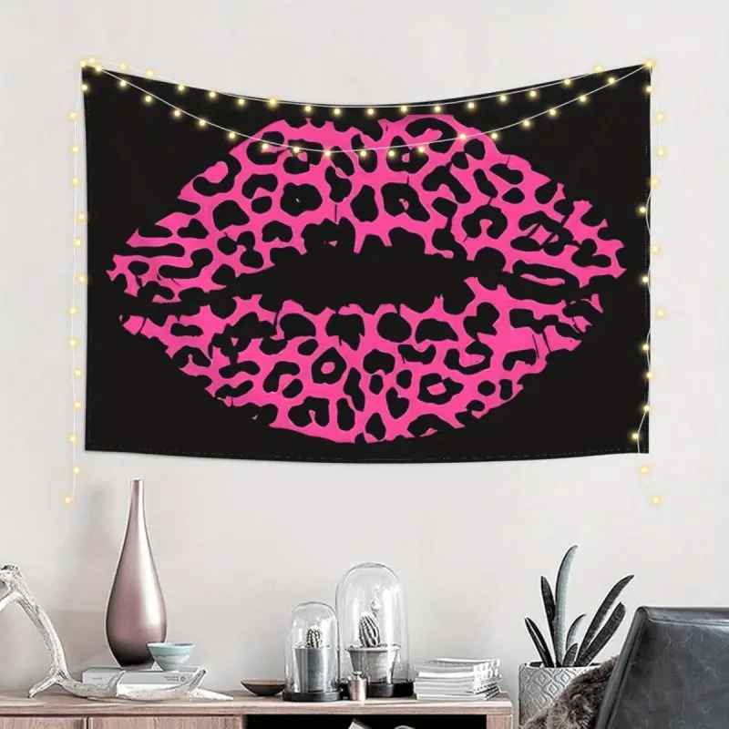Single Pink Leopard Lips Wall Tapestry - Striking Black And Pink Aesthetic Artwork for Home, Bedroom, Living Room, Office - Polyester Wall Hanging Print Tapestry Featuring a Captivating Design Y2K Indie Room Decor Wall Tapestry
