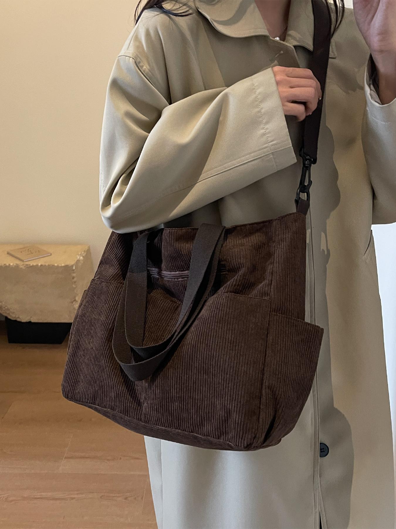 Trendy Corduroy Tote Bag, Women's Solid Color Large-Capacity Durable Shoulder Bag for Daily Use, Casual Matching School Bag for Outdoor Activities