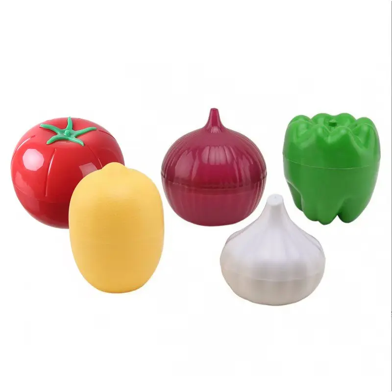 5pcs Transparent Fruit & Vegetable Shaped Storage Boxes - Durable Plastic Refrigerator & Freezer Fresh-Keeping Containers for Lemon, Green Pepper, Tomato, Onion, Garlic - Space-Saving Kitchen Organizers with Easy-Access Lids, Refrigerator Organizers And S
