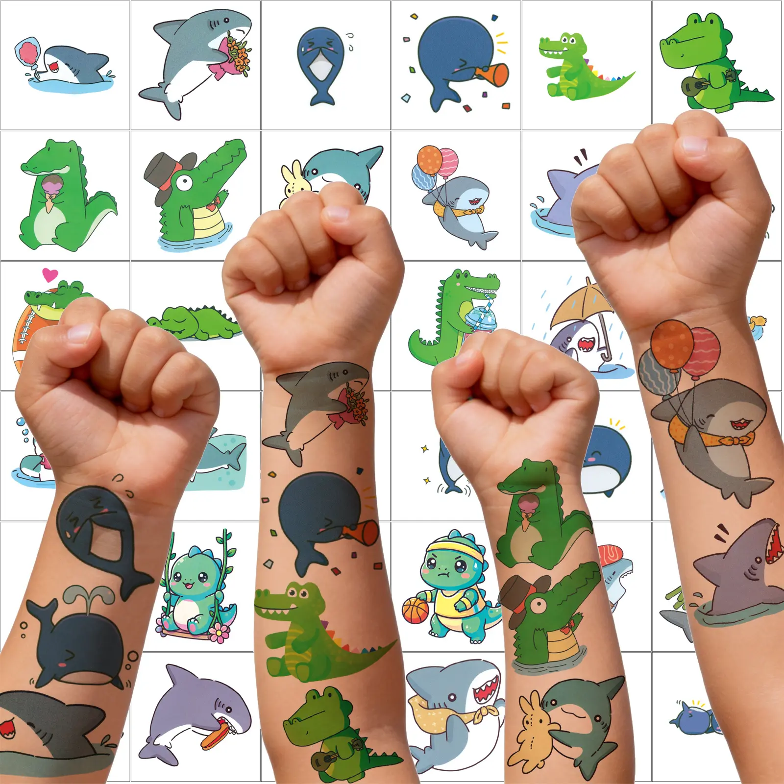 9pcs Kids Tattoo Bulk Construction Temporary Tattoos for Boys and Girls Face Arm Cute Shark and Dinosaur Patterns Fake Tattoo Sticker Easy To Clean