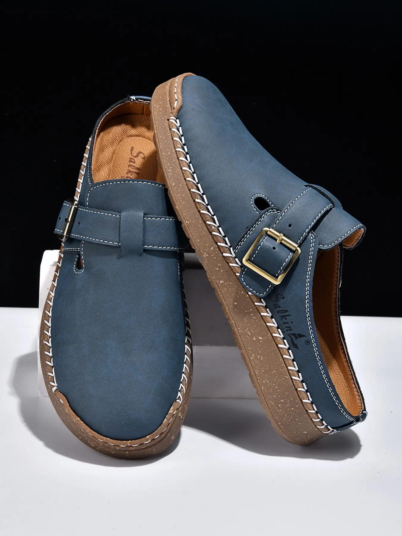 Men's Handmade Leather Flat Buckle Clogs, Non-Slip Slip-On PU Leather Mules with Adjustable Buckle, Casual Slippers for Indoor & Outdoor