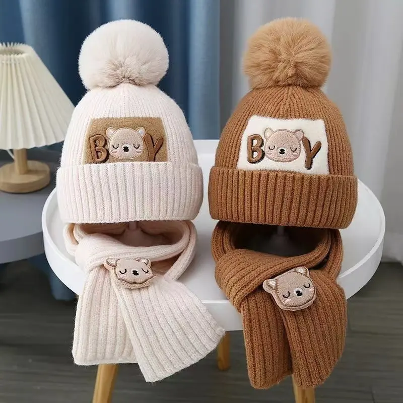 Autumn and winter children's hat boy bear wool hat girl knitted cotton warm baby hat scarf two-piece set