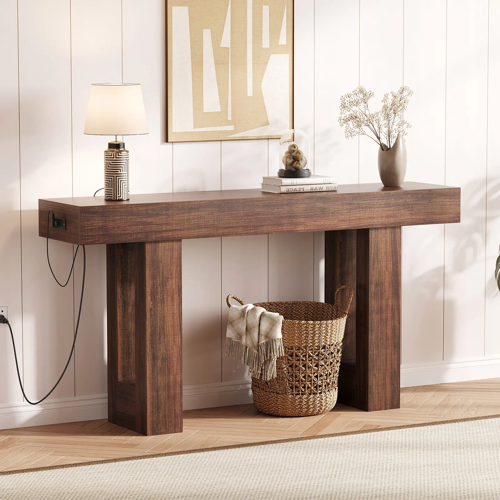 63 Inch Console Table with Power Outlet - USB & Type C Ports Narrow Entryway Foyer Table for Living Room