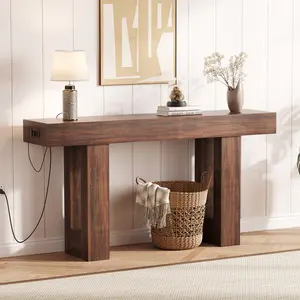 63 Inch Console Table with Power Outlet - USB & Type C Ports Narrow Entryway Foyer Table for Living Room