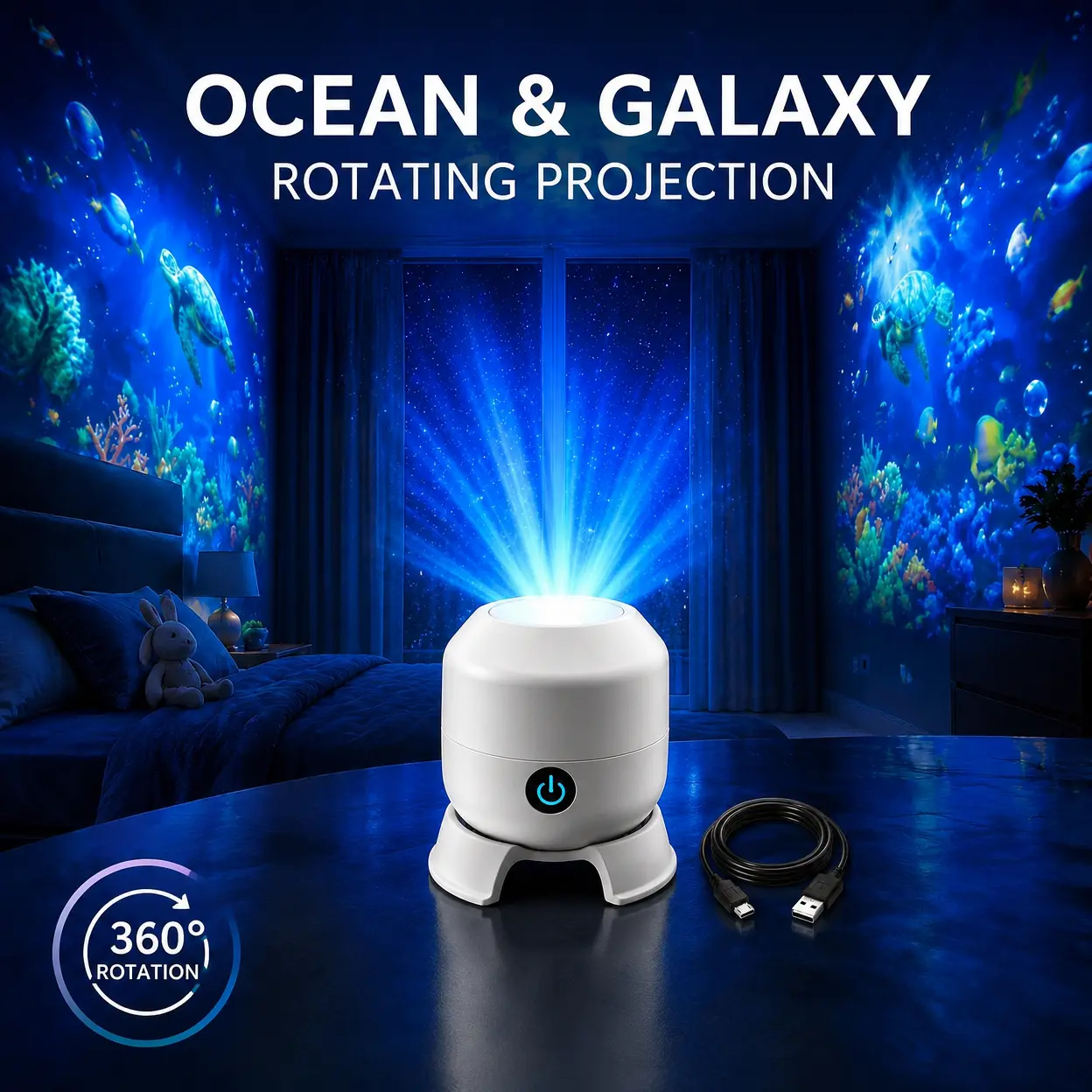 Dynamic Rotating LED Projector Light, 360° Rotating Ocean Wave Night Projection Night Light, Multi-Angle Projection Base, for Meditation, Bedroom, Home Theater (Ocean)