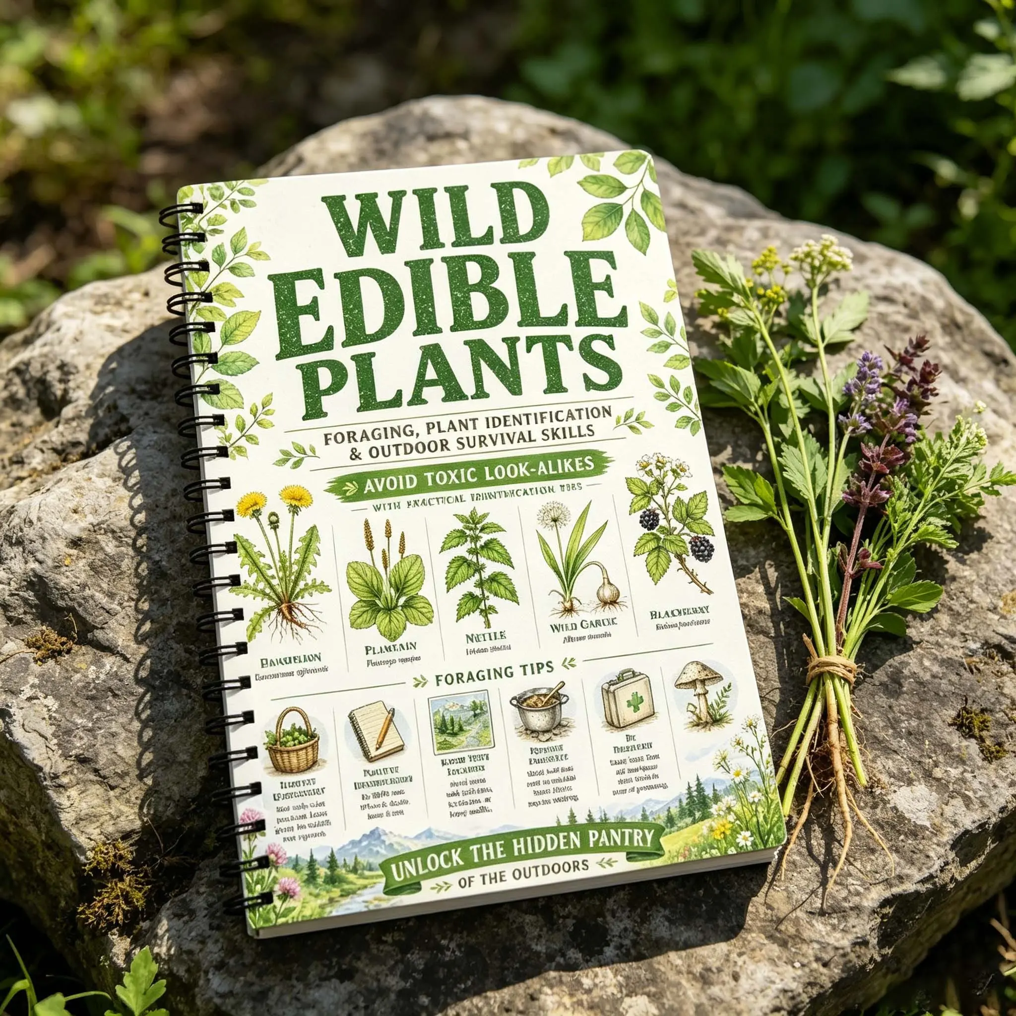 Wild Edible Plants Spiral Notebook, Outdoor Survival Foraging Guide, Vintage Botanical Nature Workbook, Camping Hiking Wilderness Prepping, Foraging Tips